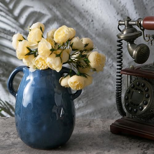 Blue Ceramic Vase with 2 Handles - Modern Farmhouse Decor