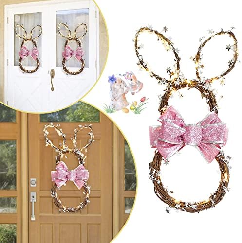 Foldable Rattan Rabbit Wreath Hanger with LED Light