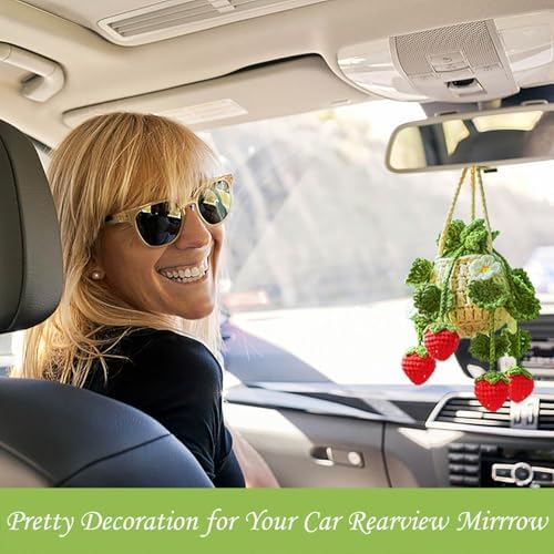 Crochet Hanging Plant Car Ornament Deep Green Leaves Strawberry