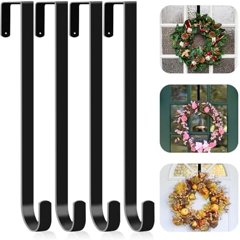 4 Pack 15 Inch Wreath Hanger for Front Door - Black