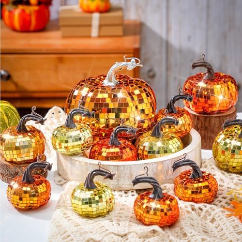Lenwen 12 Pcs Mirrored Glitter Pumpkin Decor Set