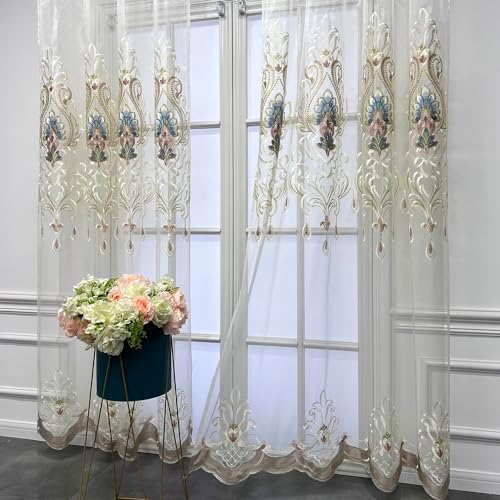 Elegant Floral Embroidered Sheer Curtains 2 Panels W80 X L96 Inch Grommet