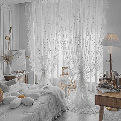 Gxi White Sheer Pompom Curtains for Large Bay Windows 1 Panel