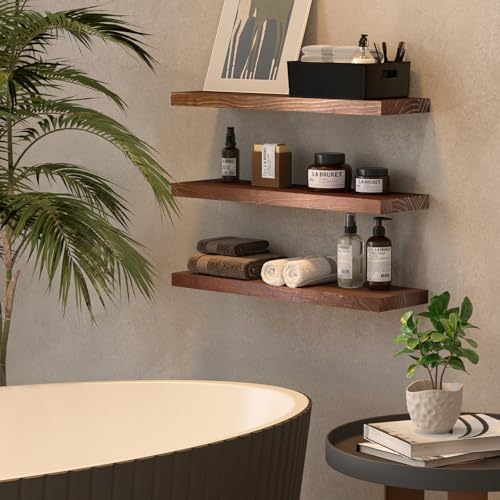 SODUKU Natural Wood Floating Shelves Set of 3 24 Inch Walnut