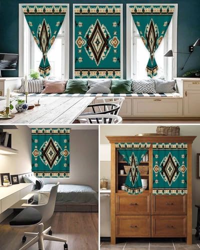 Green Southwestern Self Adhesive Blackout Curtains for Windows