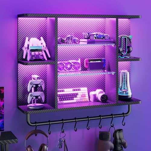 REIBII Gaming Floating Shelves with LED Lighting and Adjustable Glass