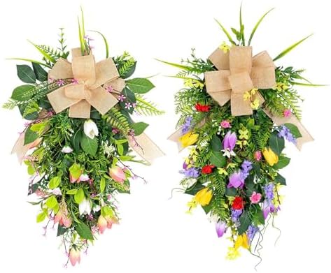 Spring Summer Teardrop Swag Artificial Tulips Door Wreath White Pink
