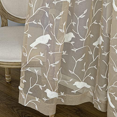 VOGOL White Bird Pattern Taupe Sheer Curtains 2 Panels