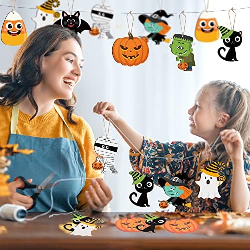 24 Pcs Halloween Wood Tree Ornaments with Rope