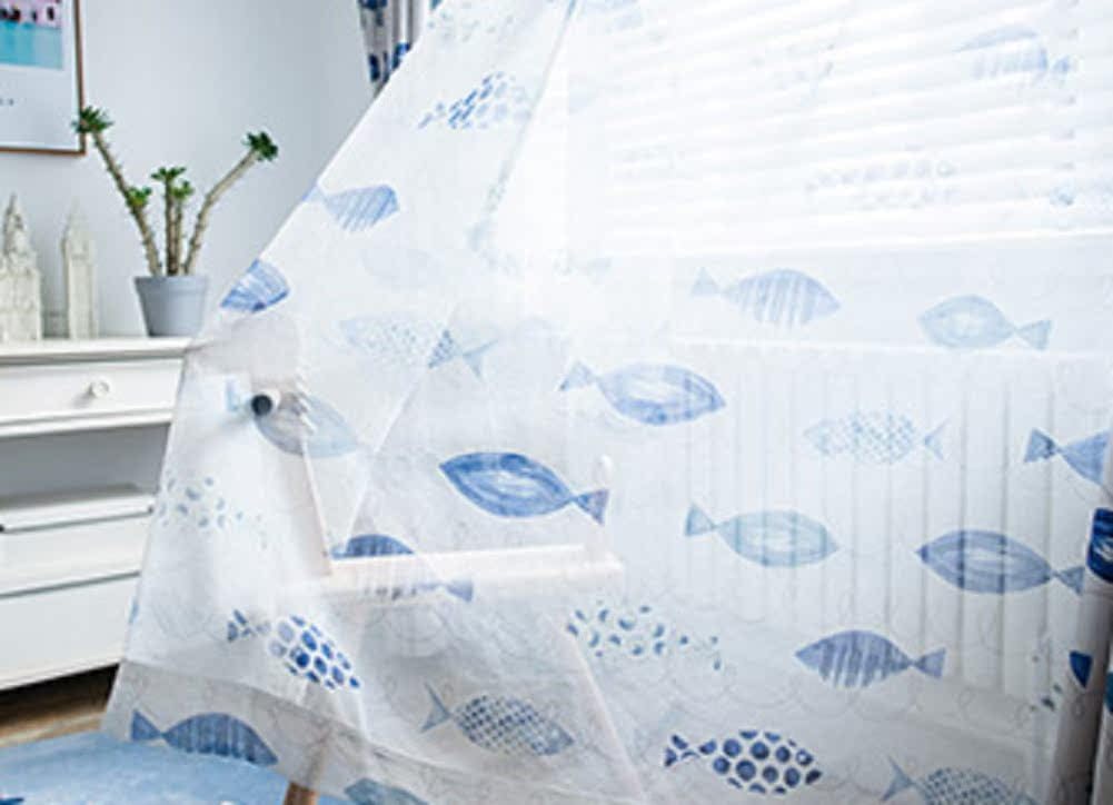 Iuokuby Cartoon Ocean Fish Embroidery Curtains Panel White 100x102 inch