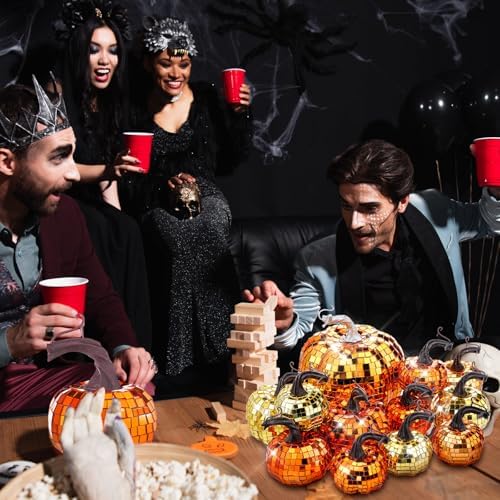 Lenwen 12 Pcs Mirrored Glitter Pumpkin Decor Set