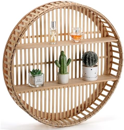 Pinkunn 2 Tier Round Rattan Wall Shelf Boho Decor
