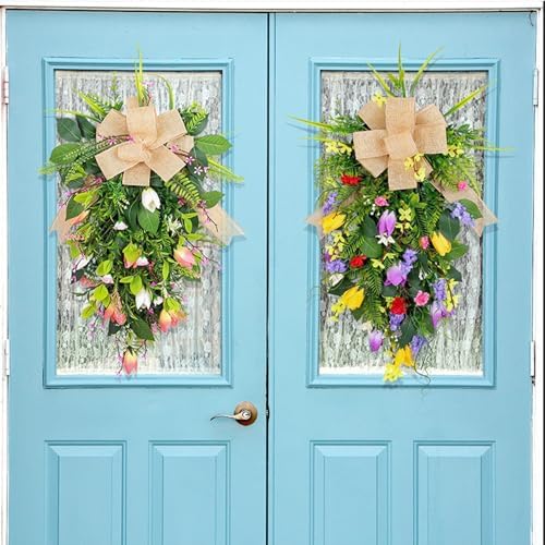 Spring Summer Teardrop Swag Artificial Tulips Door Wreath White Pink