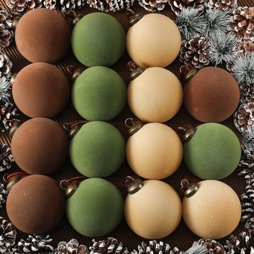30Pcs Velvet Christmas Balls in Green Brown and Beige