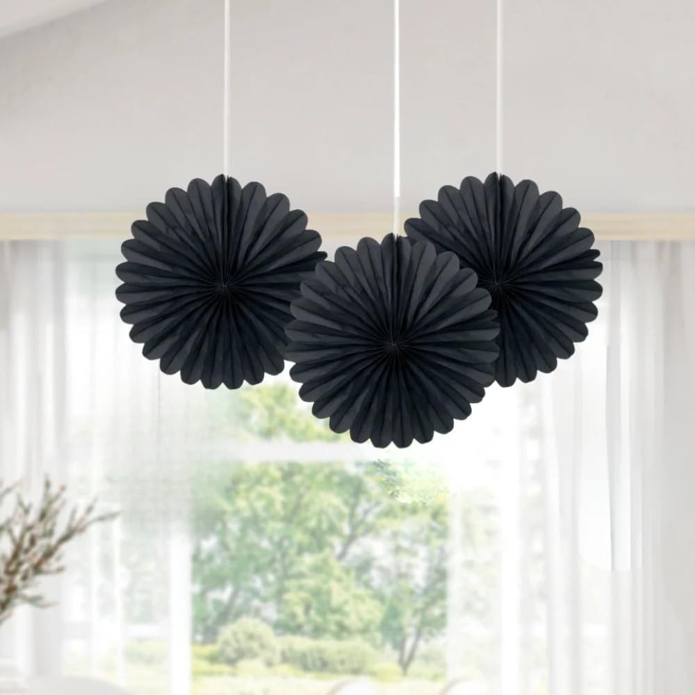 Solid Black Hanging Tissue Paper Fans 6 Inch 3 Pack