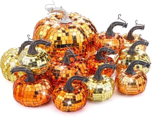 Lenwen 12 Pcs Mirrored Glitter Pumpkin Decor Set