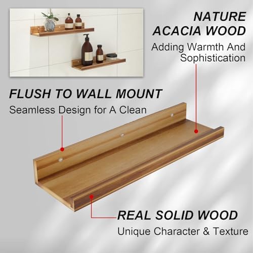 Wall Floating Shelves Set of 2 Modern Acacia Storage Display