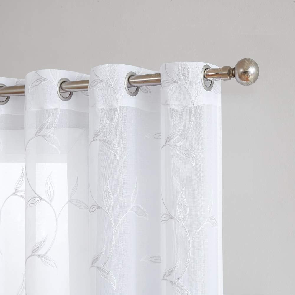 Warm Home Designs Sheer White Faux-Linen Curtain Panel with Silver Leaf Embroidery