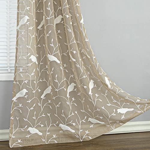 VOGOL White Bird Pattern Taupe Sheer Curtains 2 Panels