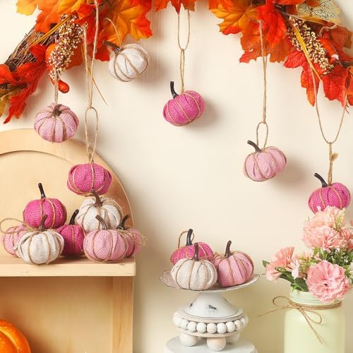 16 Pcs Pink Series Fall Pumpkin Hanging Ornaments