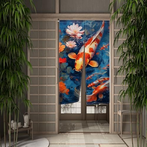 Red White Koi Noren Door Curtain for Kitchen and Bathroom