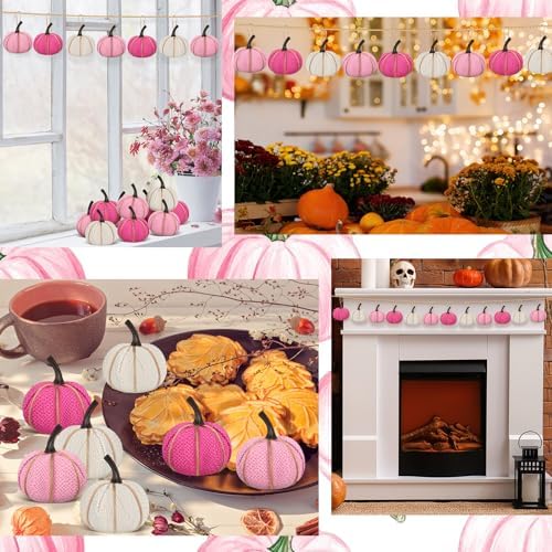 16 Pcs Pink Series Fall Pumpkin Hanging Ornaments