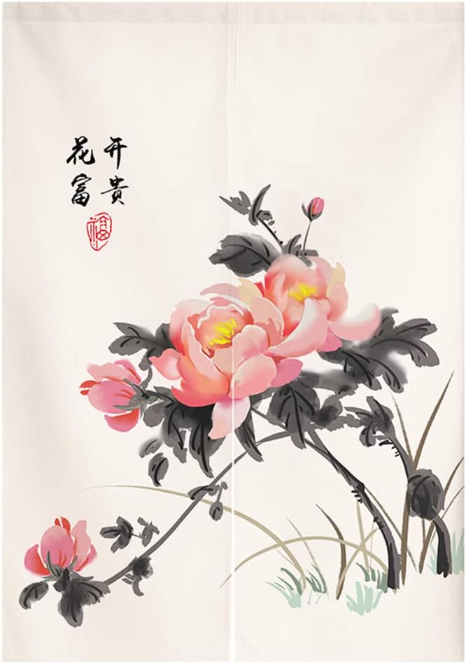 Japanese Noren Door Curtain with Peony Design