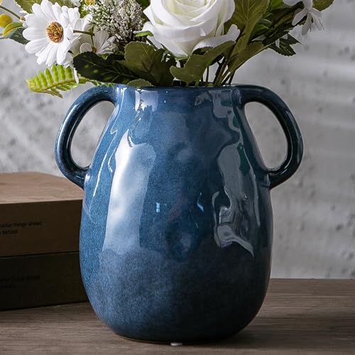Blue Ceramic Vase with 2 Handles - Modern Farmhouse Decor