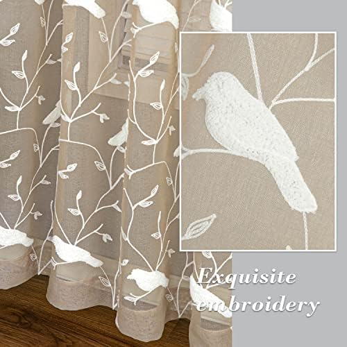 VOGOL White Bird Pattern Taupe Sheer Curtains 2 Panels