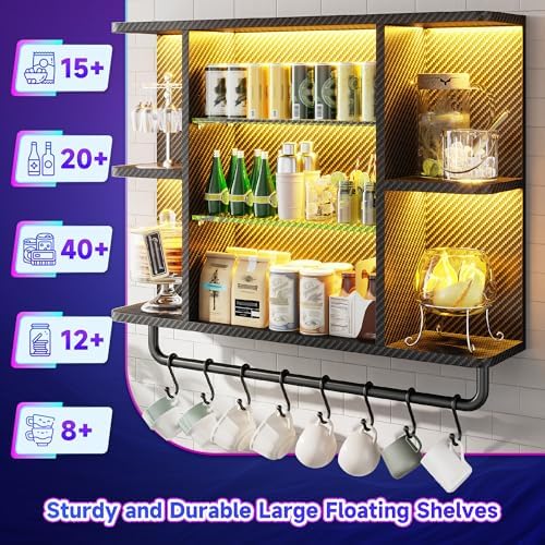 REIBII Gaming Floating Shelves with LED Lighting and Adjustable Glass