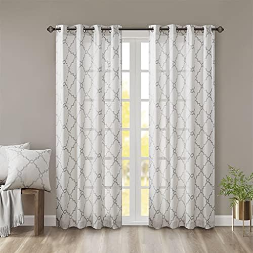 Fretwork Print Grommet Top Curtain Panel Ivory and Grey 50x108 Inches