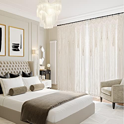 Boho Macrame Curtain Room Divider with Wood Grommets 2 Panels