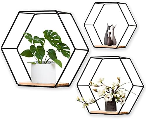 Black Wall Mounted Hexagonal Floating Shelves Set of 3