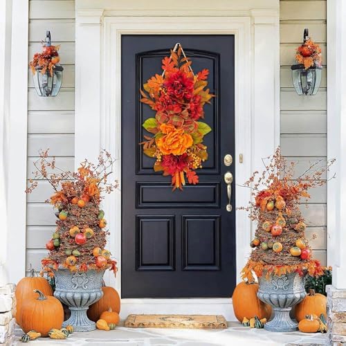 Fall Wreath for Front Door with Peonies and Maple Leaves