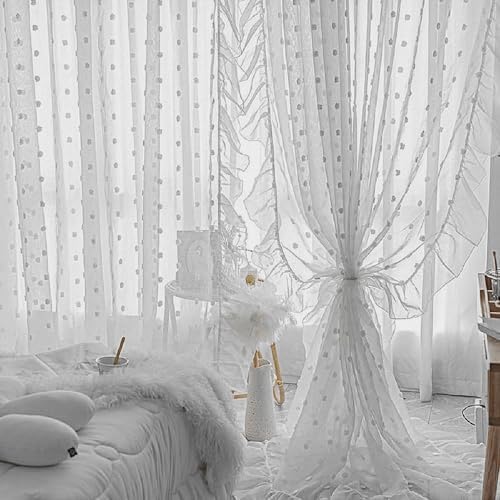 Gxi White Sheer Pompom Curtains for Large Bay Windows 1 Panel