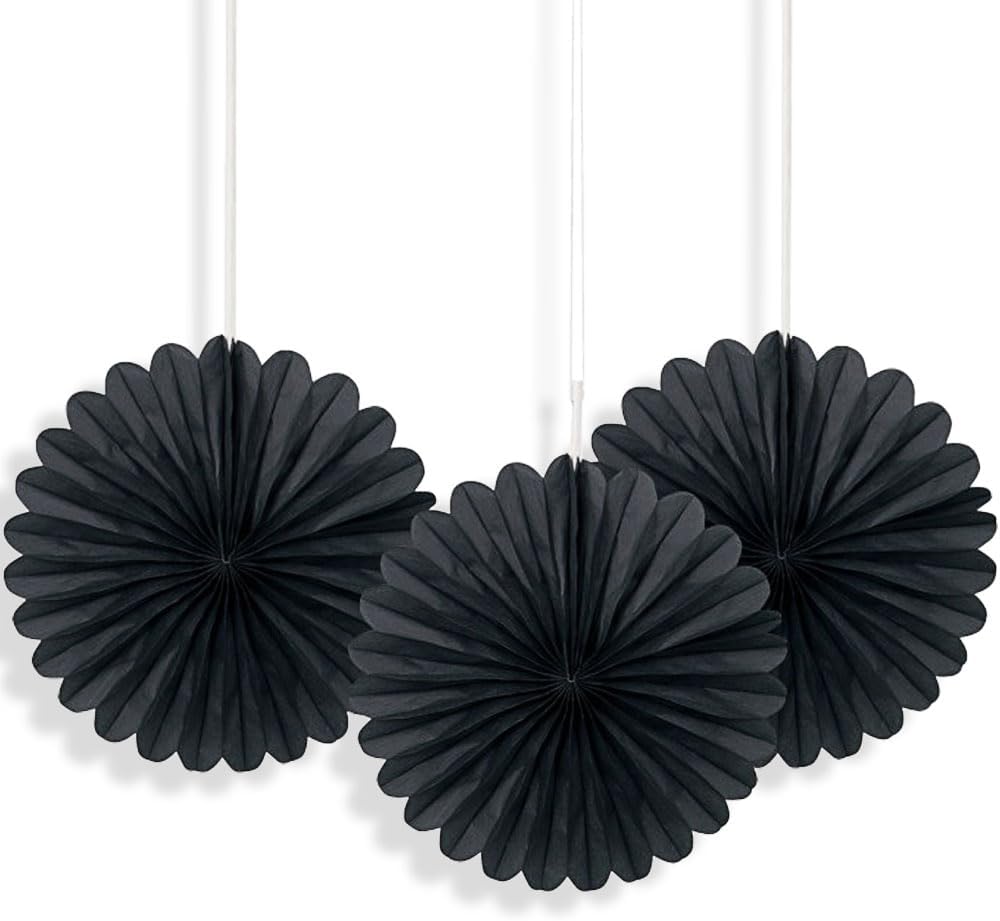 Solid Black Hanging Tissue Paper Fans 6 Inch 3 Pack