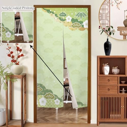 Japanese Door Curtain with Bloomy Flowers Design 34x48 Green