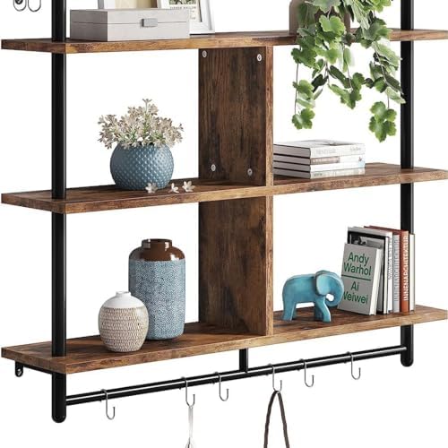 3 Tiers Wood Floating Shelving with Hooks
