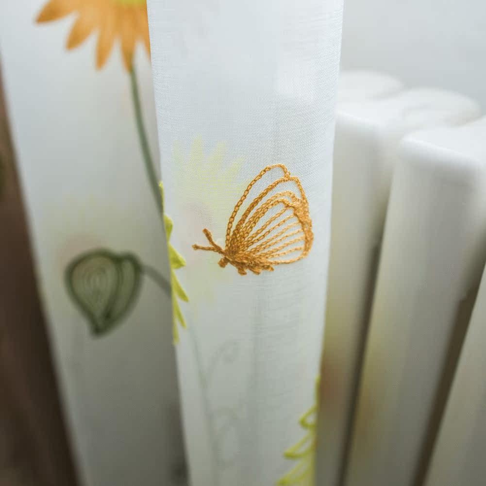 Pastoral Sunflower Embroidery Sheer Curtains Panel 100x102 Inch White