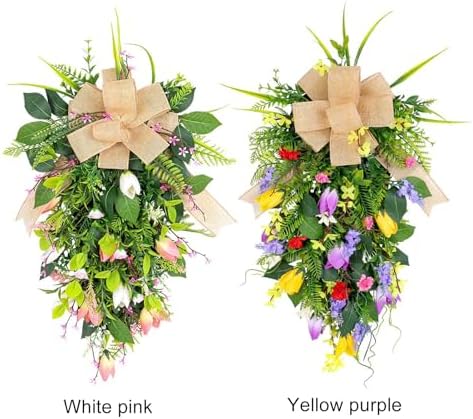 Spring Summer Teardrop Swag Artificial Tulips Door Wreath White Pink