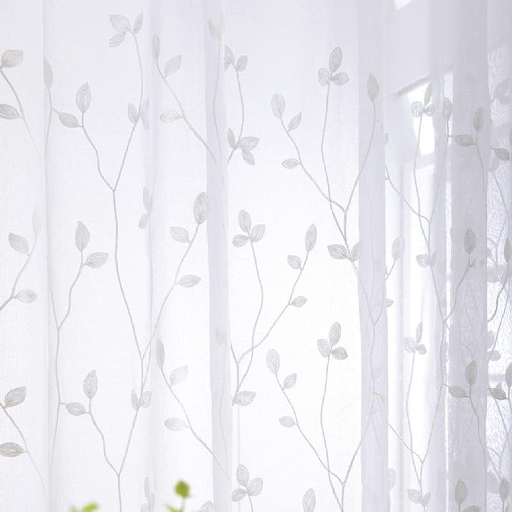 Iuokuby Rustic Style Sheer Curtains with Embroidered Leaves Floral 2 Panels White