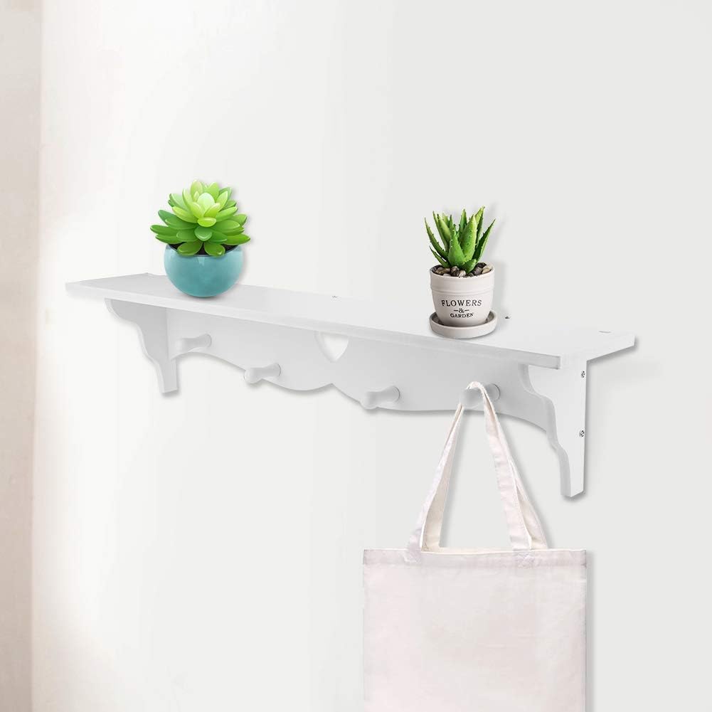 LZKW Floating Shelf Coat Rack With Hooks White
