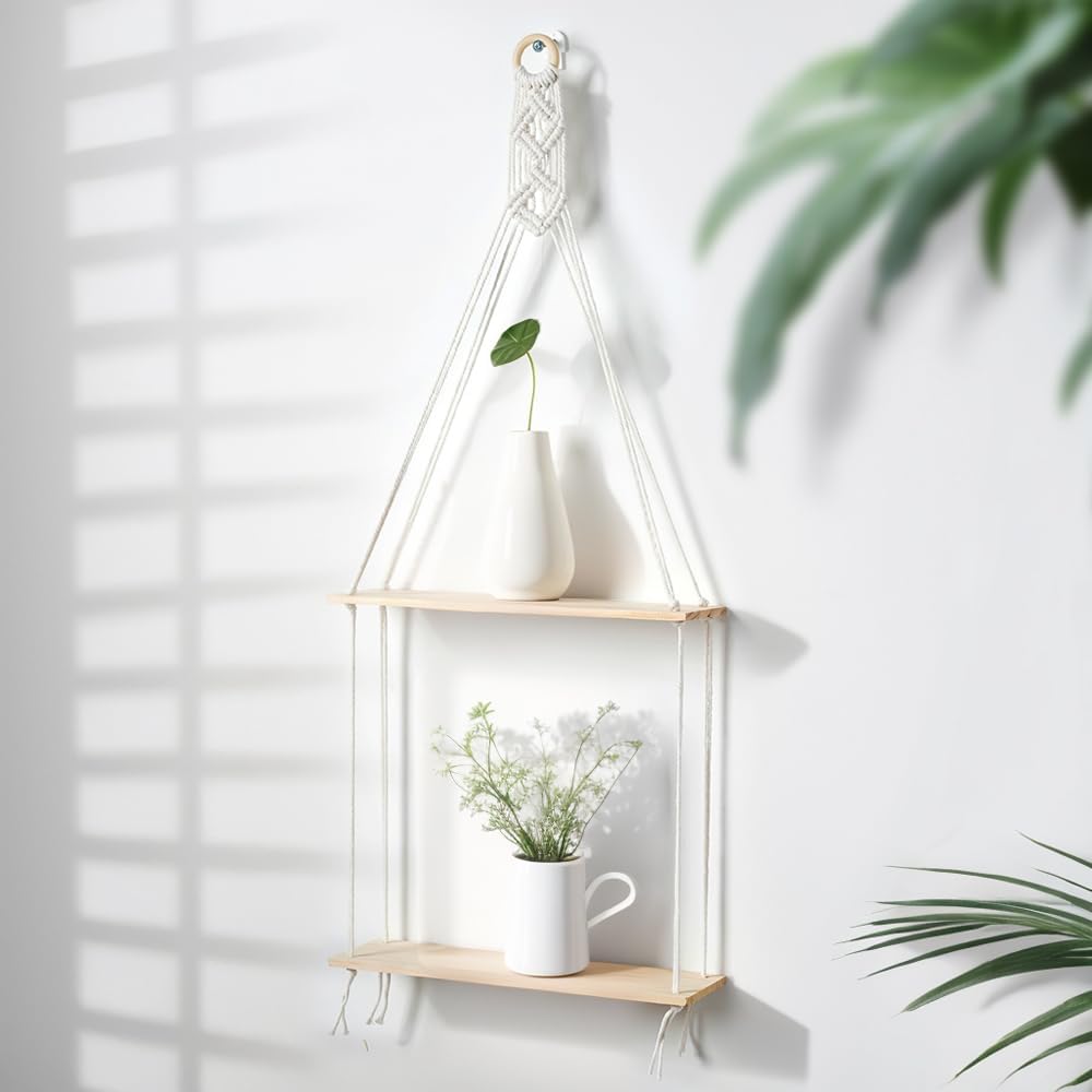 WATUNID Macrame Wall Hanging Shelves 2 Tier Boho Decor