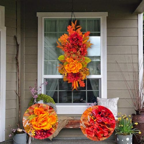 Fall Wreath for Front Door with Peonies and Maple Leaves