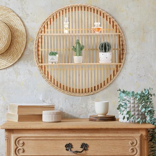 Pinkunn 2 Tier Round Rattan Wall Shelf Boho Decor