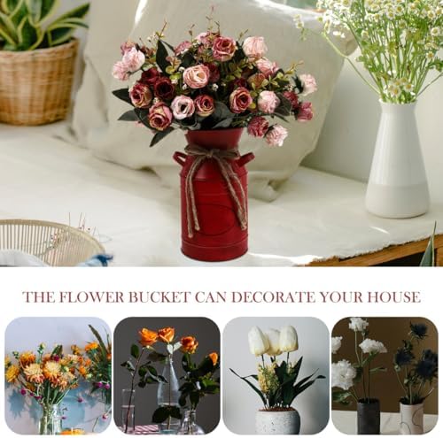 VOSAREA Red Galvanized Flower Bucket for Decor