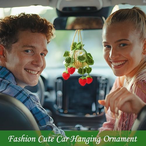 Crochet Hanging Plant Car Ornament Deep Green Leaves Strawberry