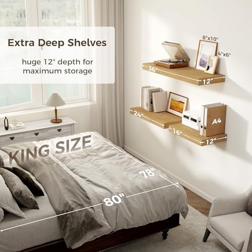 12 Inch Deep Floating Shelves 2 Pack Oak Wood