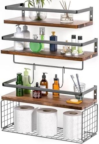 34 Floating Wall Shelves Over Toilet With Towel Bar Rack and Hooks