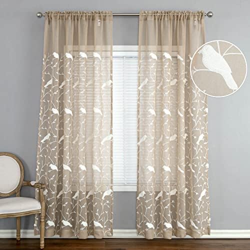 VOGOL White Bird Pattern Taupe Sheer Curtains 2 Panels